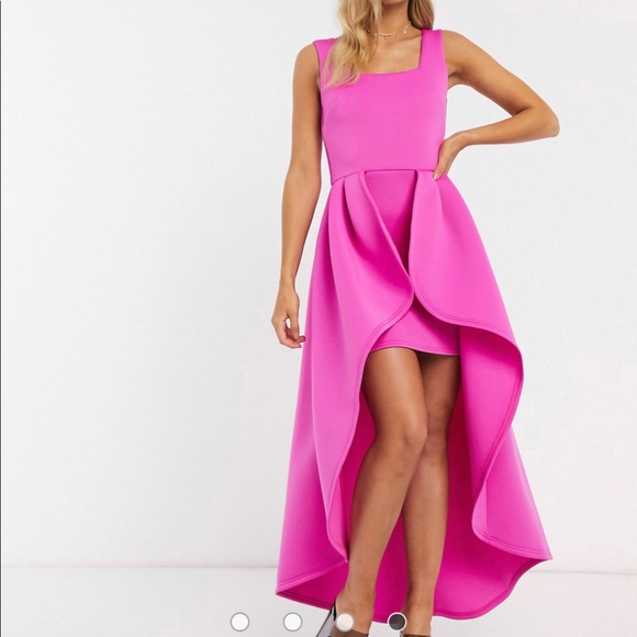 Square Neck Hi-Low Dress in Hot Pink - Picture 1 of 4